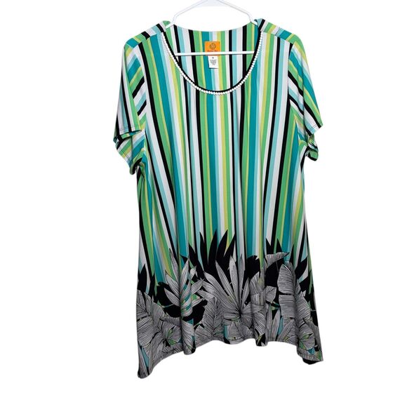 Ruby Rd Blouse Women's 1X Striped Round Neck Short Sleeve Floral Top Shirt - Picture 1 of 8